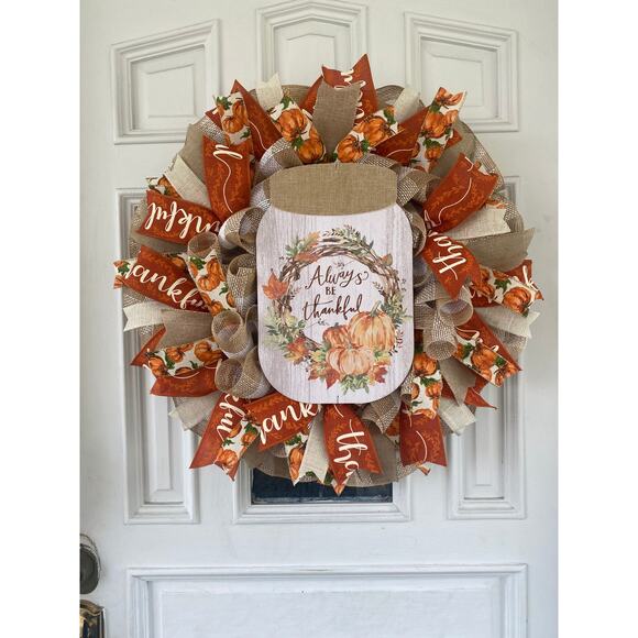 Always Be Thankful Wreath – 24” Fall Pumpkin Front Door Decor – Handmade Wreath - Picture 1 of 8